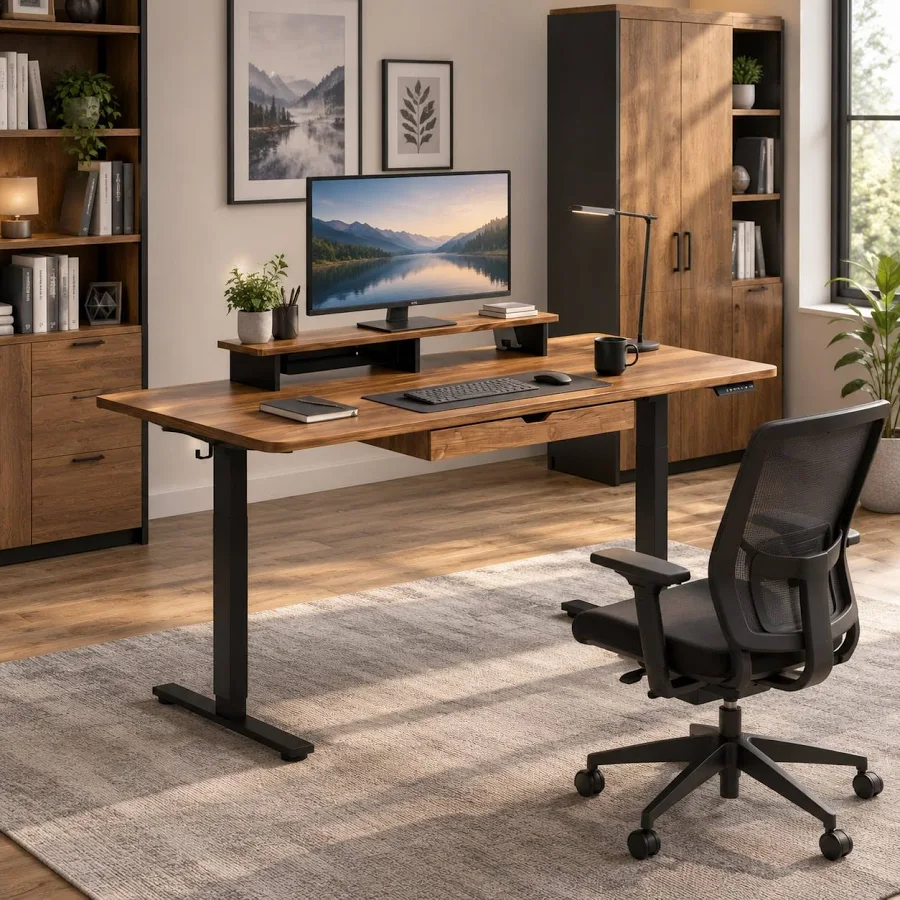 FlexiSpot Zenith All-in-One Standing Desk with Desk Shelf and Keyboard Tray Drawer, 55" x 28", photo 2 of 7