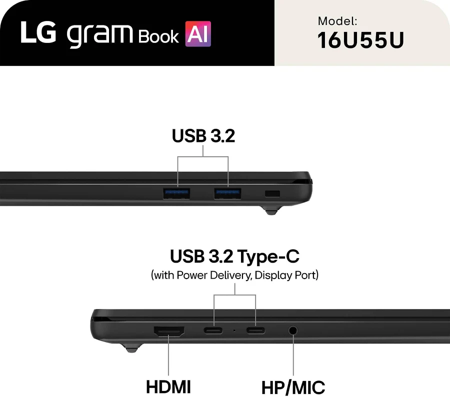 LG gram Book 16" Copilot+ PC Touchscreen Laptop – AMD Ryzen AI 7, 16GB RAM, 1TB SSD, Black, photo 6 of 7