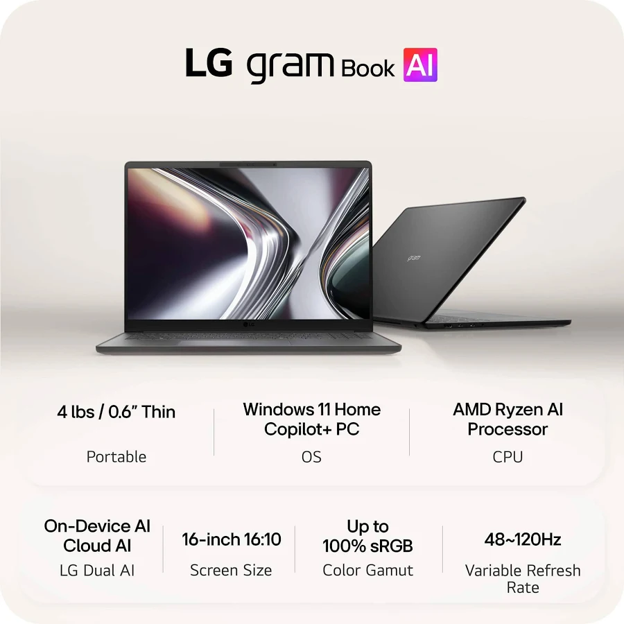 LG gram Book 16" Copilot+ PC Touchscreen Laptop – AMD Ryzen AI 7, 16GB RAM, 1TB SSD, Black, photo 4 of 7