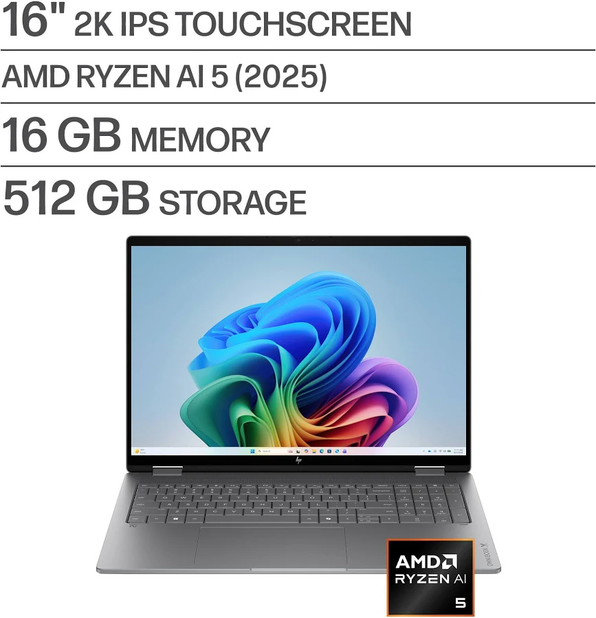 HP OmniBook X Flip 2-in-1 16" 2K Touchscreen Laptop – AMD Ryzen AI 5 430, 16GB RAM, 512GB SSD, photo 4 of 7