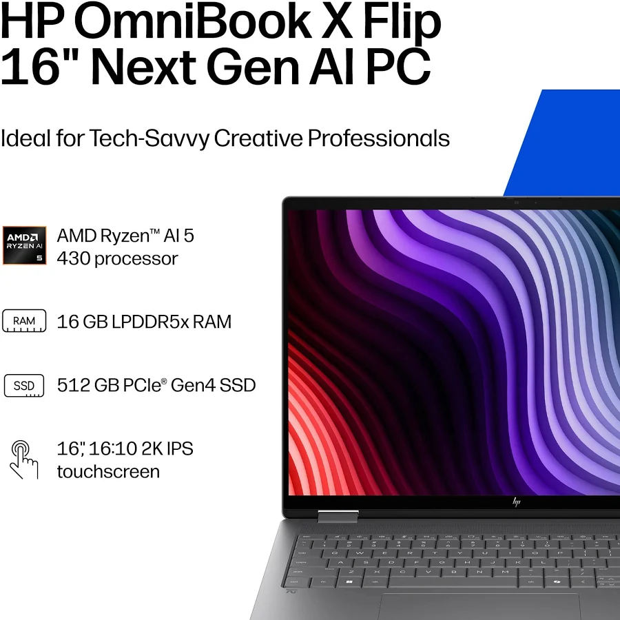HP OmniBook X Flip 2-in-1 16" 2K Touchscreen Laptop – AMD Ryzen AI 5 430, 16GB RAM, 512GB SSD, photo 5 of 7